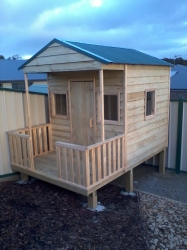 Cubby House Colours -  Cottage Green Roof and finished raw, elevated.